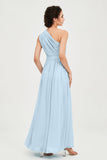 One Shoulder Chiffon Bridesmaid Dress Floor Length Ruched A Line Formal Evening Prom Gowns