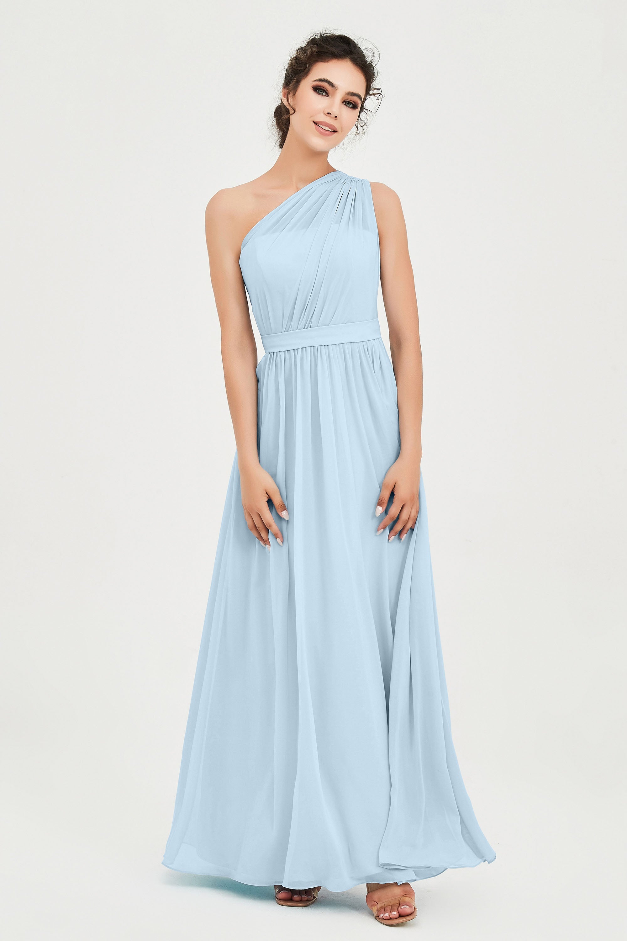 One Shoulder Chiffon Bridesmaid Dress Floor Length Ruched A Line Formal Evening Prom Gowns