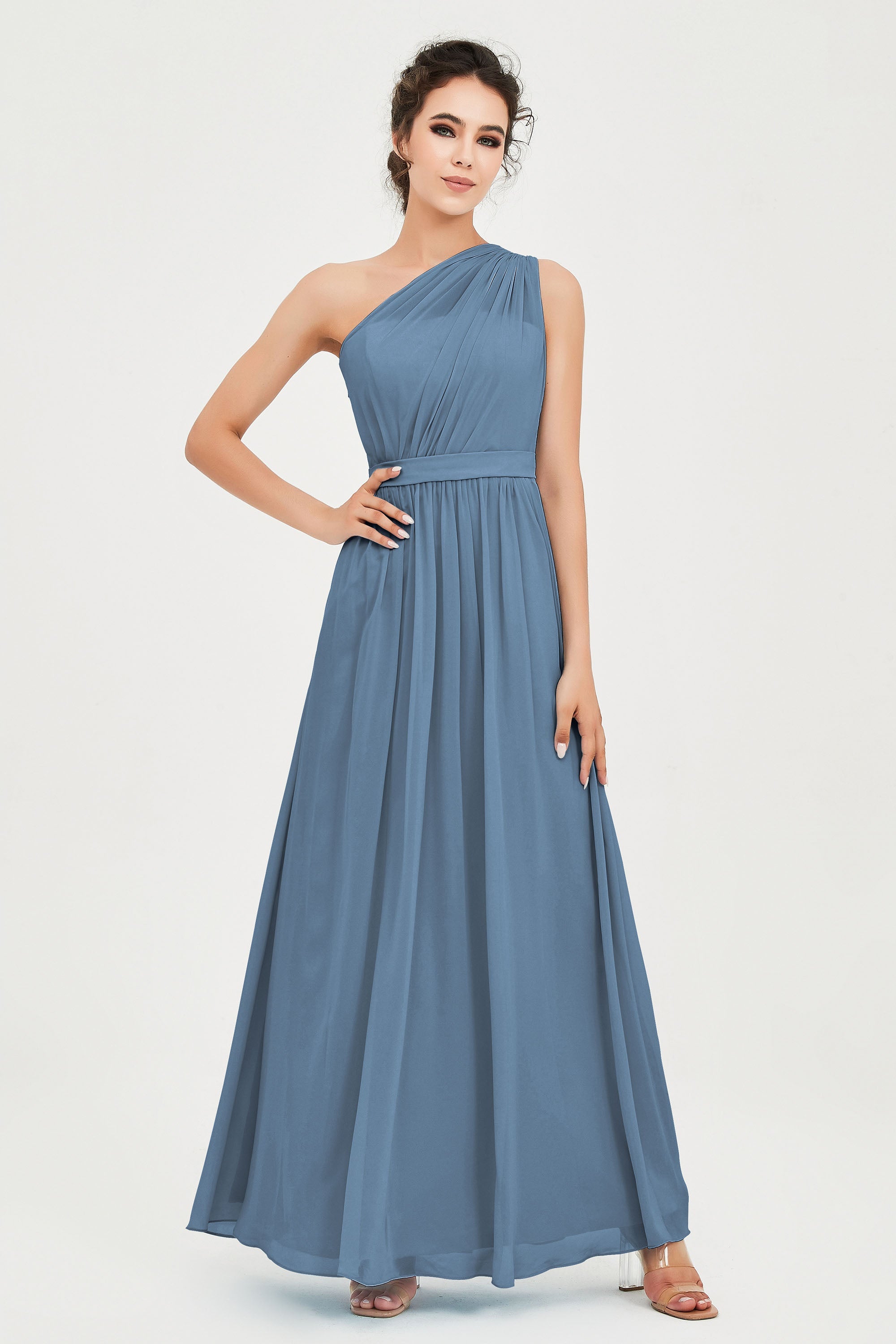 One Shoulder Chiffon Bridesmaid Dress Floor Length Ruched A Line Formal Evening Prom Gowns