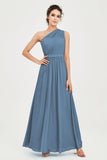 One Shoulder Chiffon Bridesmaid Dress Floor Length Ruched A Line Formal Evening Prom Gowns