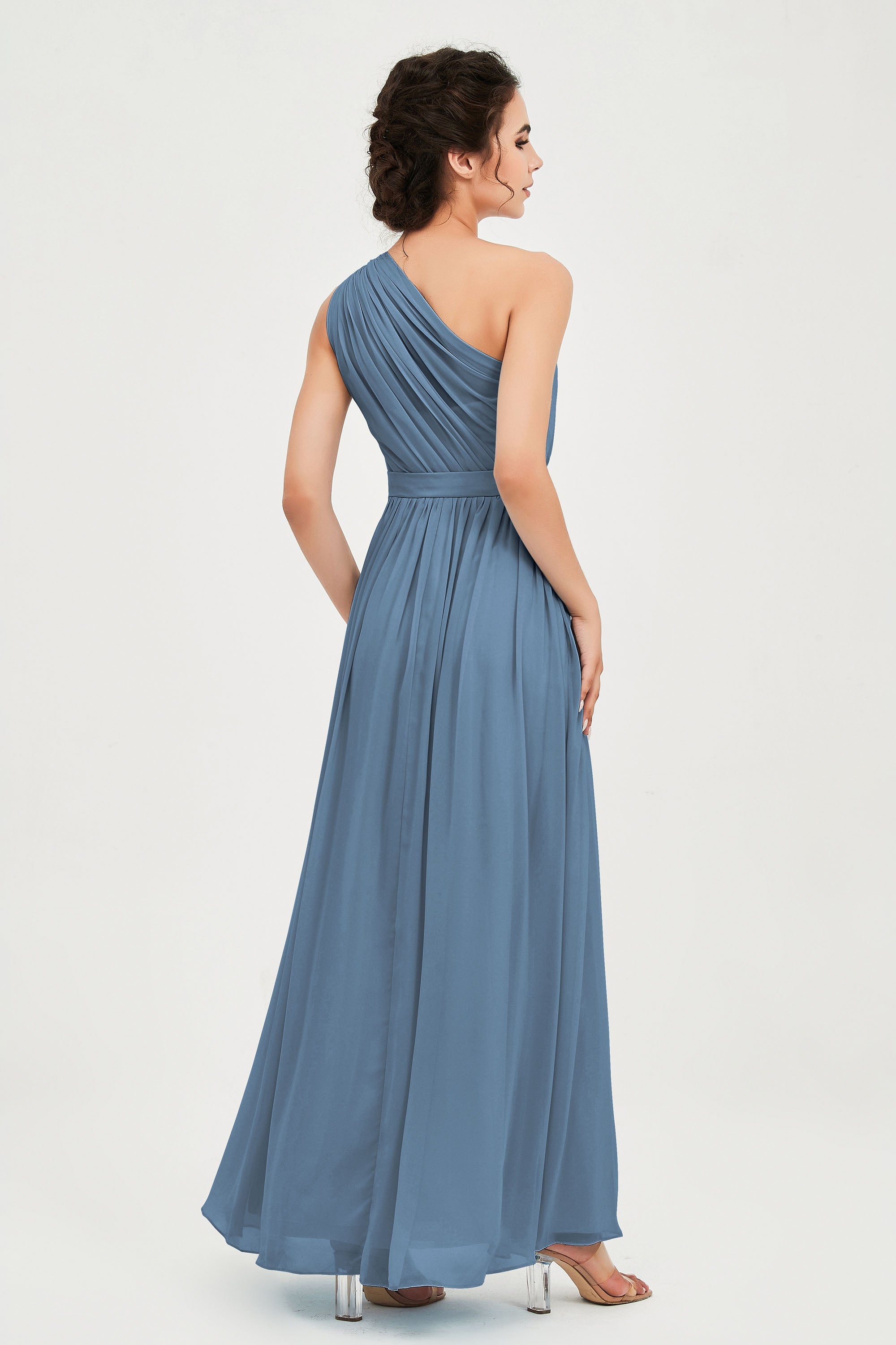 One Shoulder Chiffon Bridesmaid Dress Floor Length Ruched A Line Formal Evening Prom Gowns