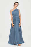 One Shoulder Chiffon Bridesmaid Dress Floor Length Ruched A Line Formal Evening Prom Gowns