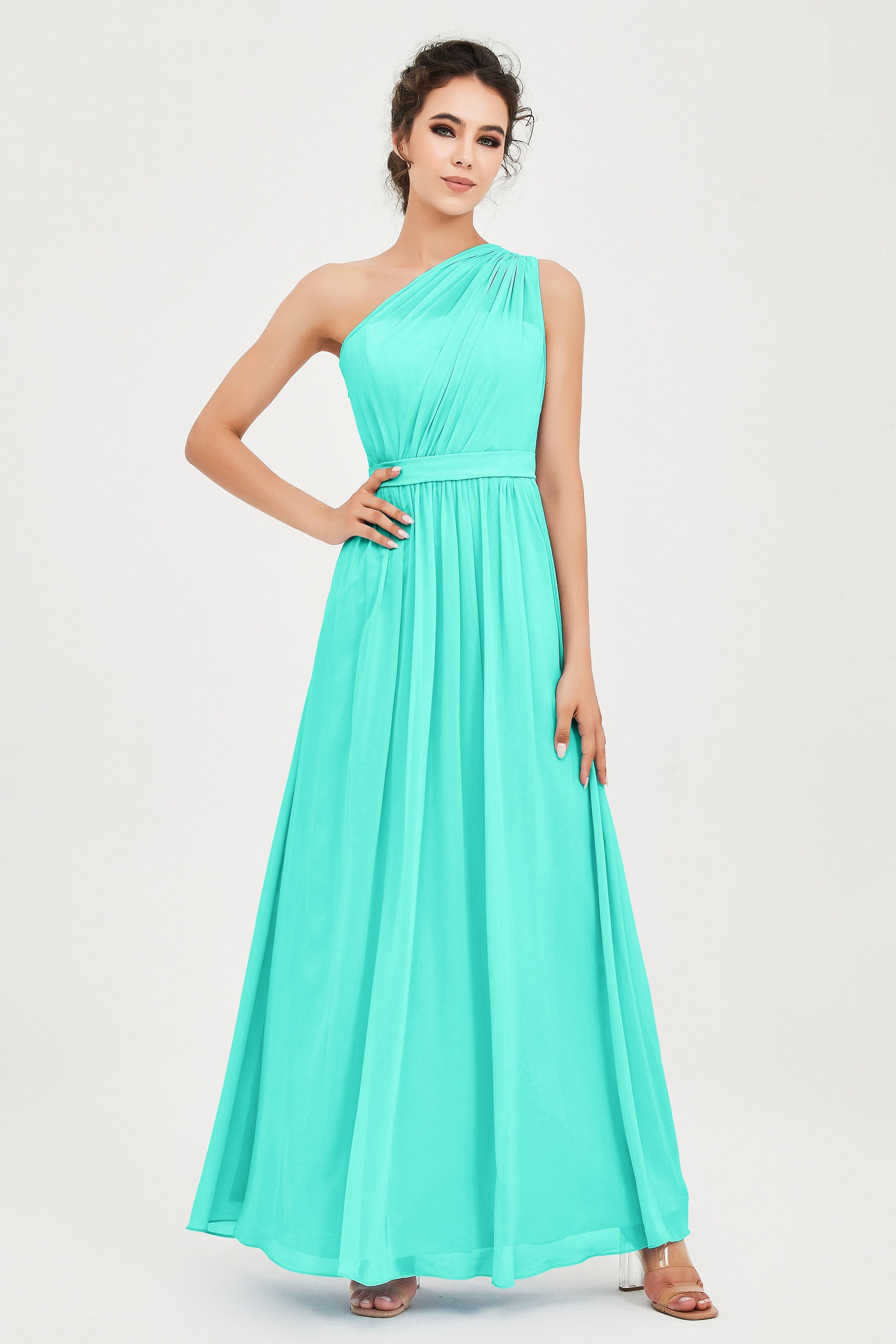 One Shoulder Chiffon Bridesmaid Dress Floor Length Ruched A Line Formal Evening Prom Gowns