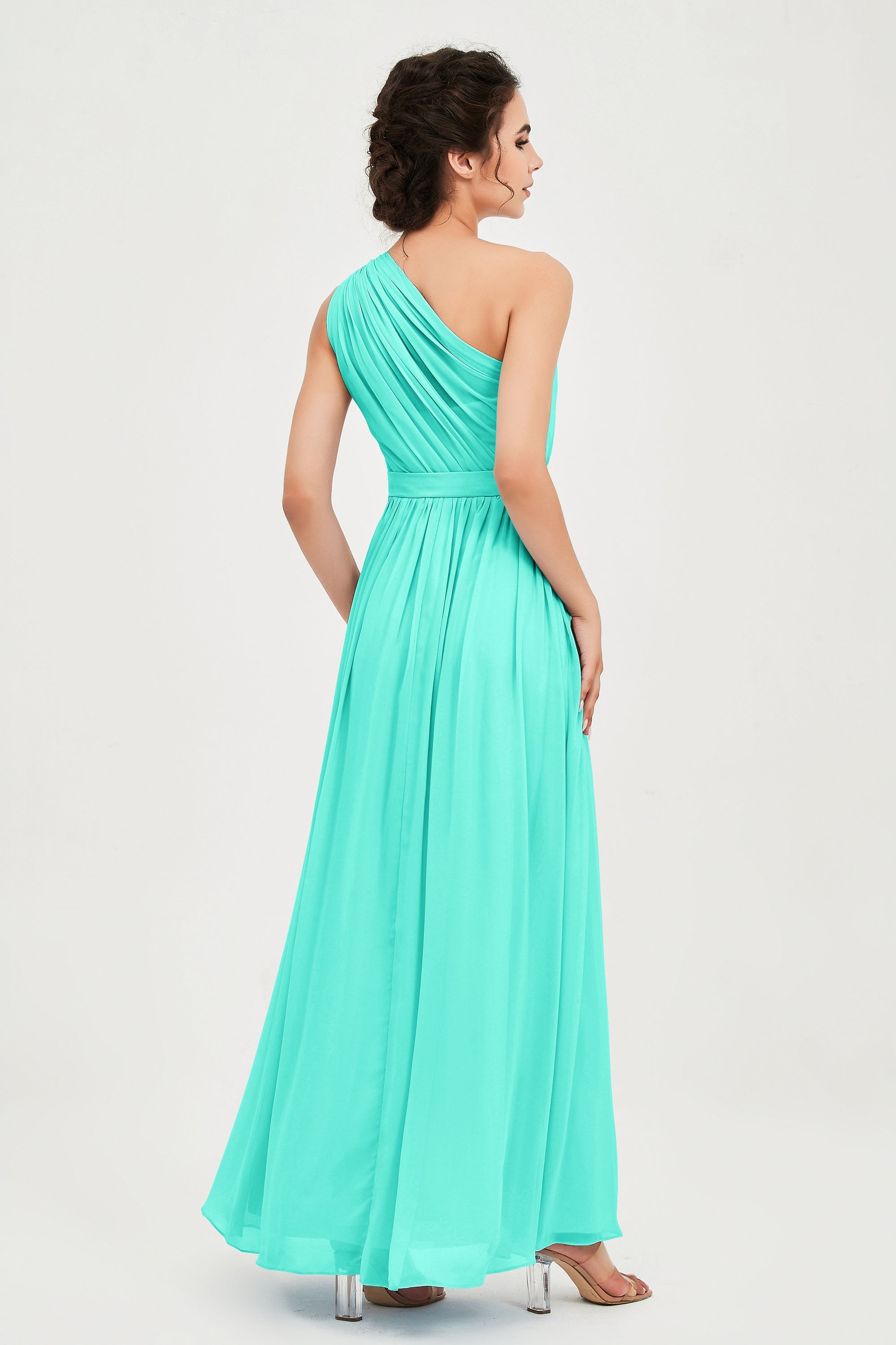 One Shoulder Chiffon Bridesmaid Dress Floor Length Ruched A Line Formal Evening Prom Gowns
