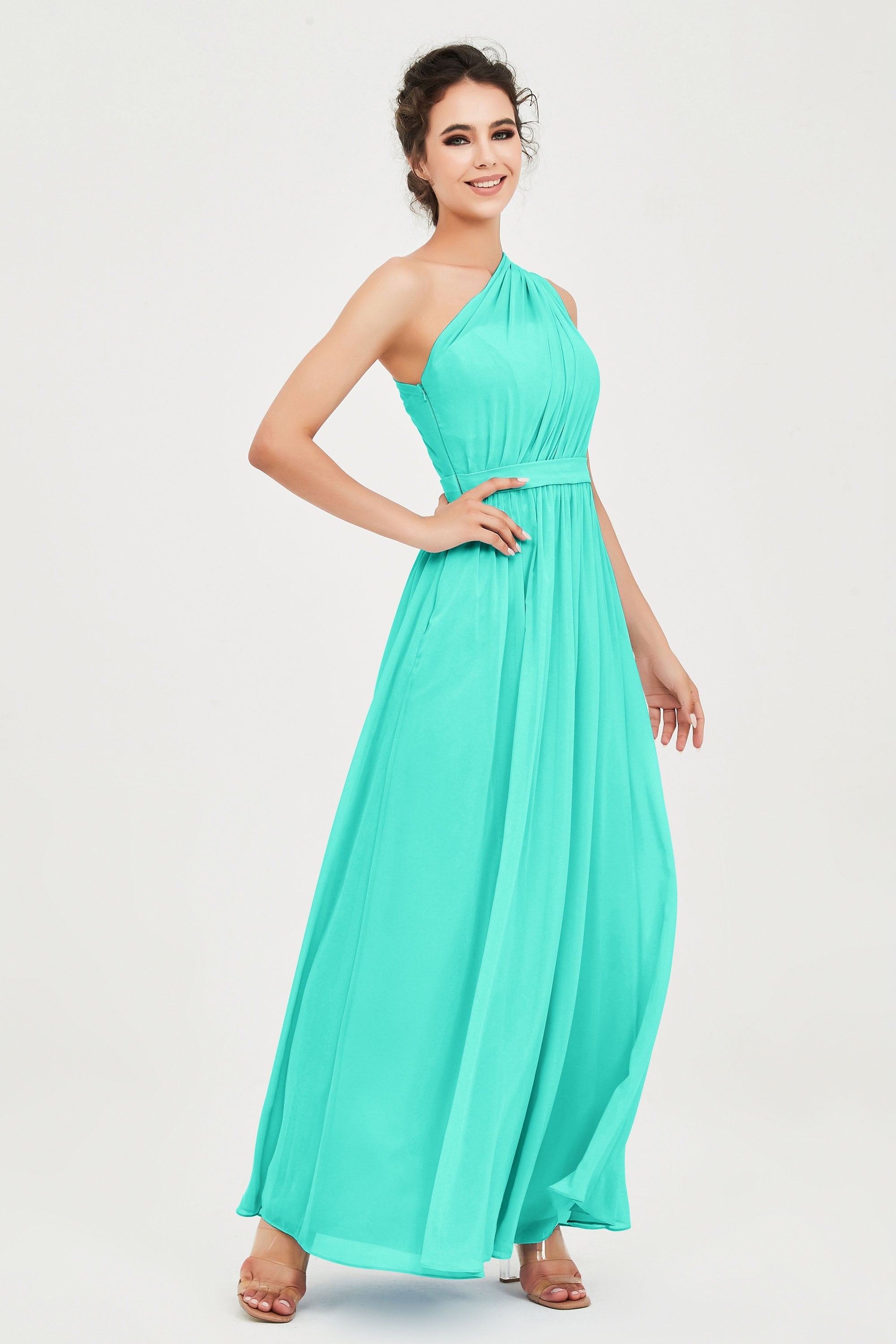 One Shoulder Chiffon Bridesmaid Dress Floor Length Ruched A Line Formal Evening Prom Gowns