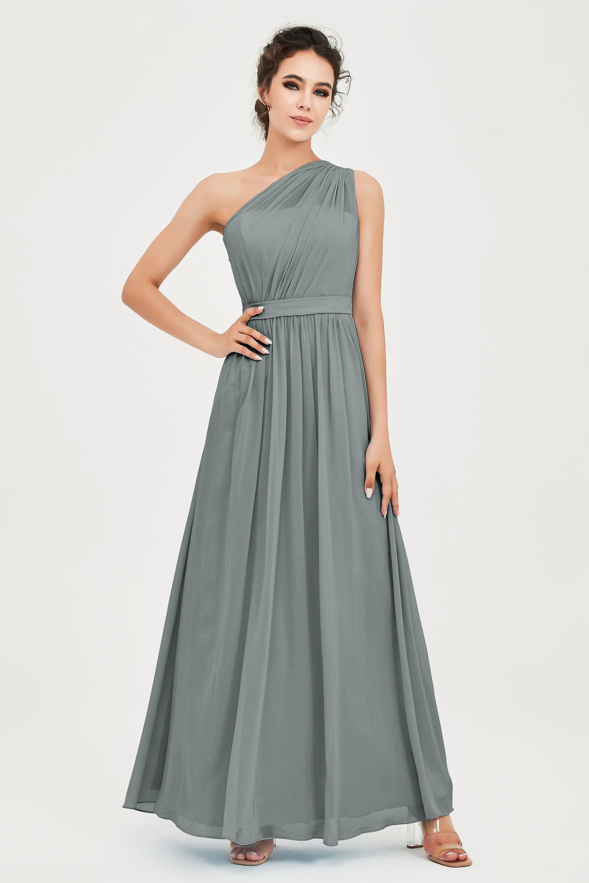 One Shoulder Chiffon Bridesmaid Dress Floor Length Ruched A Line Formal Evening Prom Gowns
