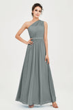 One Shoulder Chiffon Bridesmaid Dress Floor Length Ruched A Line Formal Evening Prom Gowns