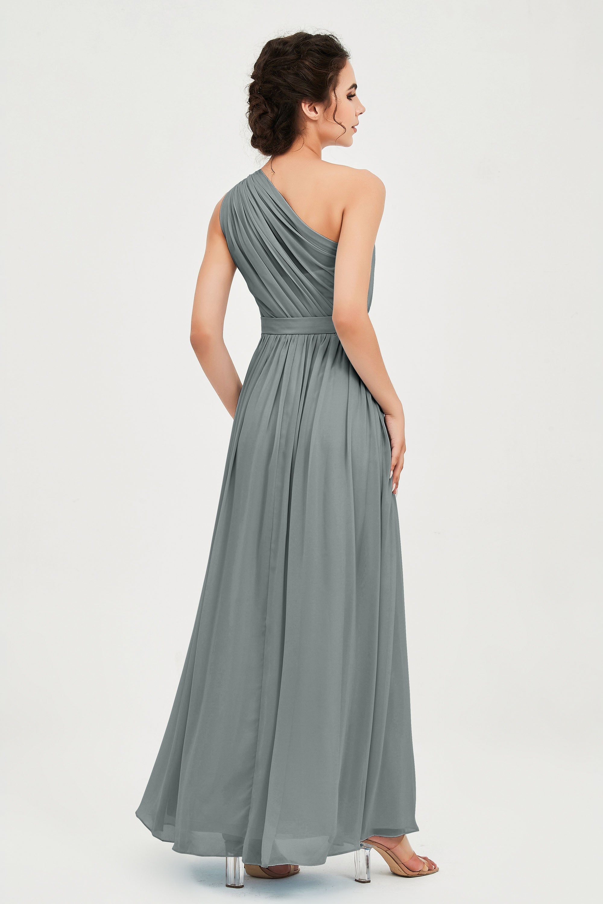 One Shoulder Chiffon Bridesmaid Dress Floor Length Ruched A Line Formal Evening Prom Gowns