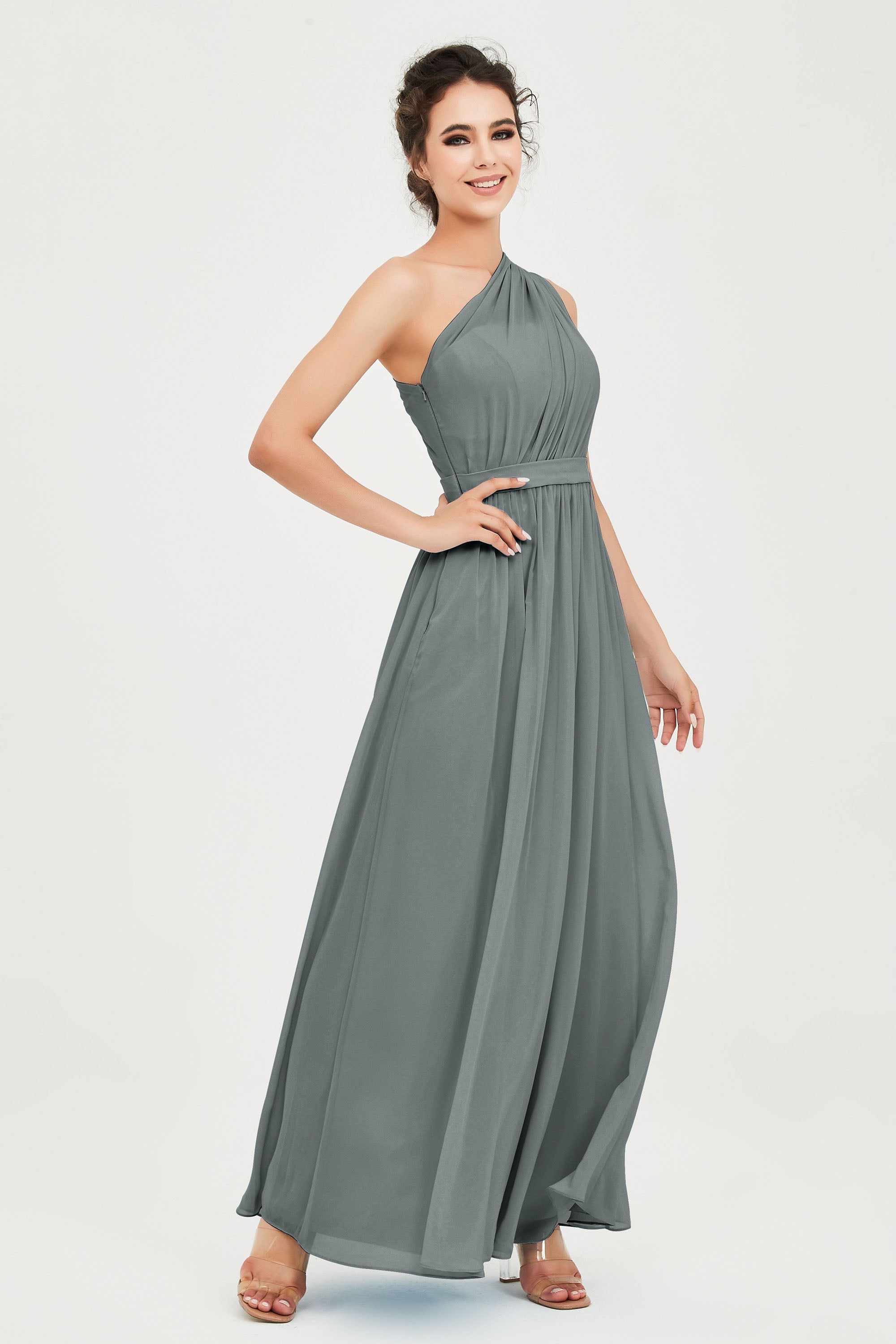 One Shoulder Chiffon Bridesmaid Dress Floor Length Ruched A Line Formal Evening Prom Gowns