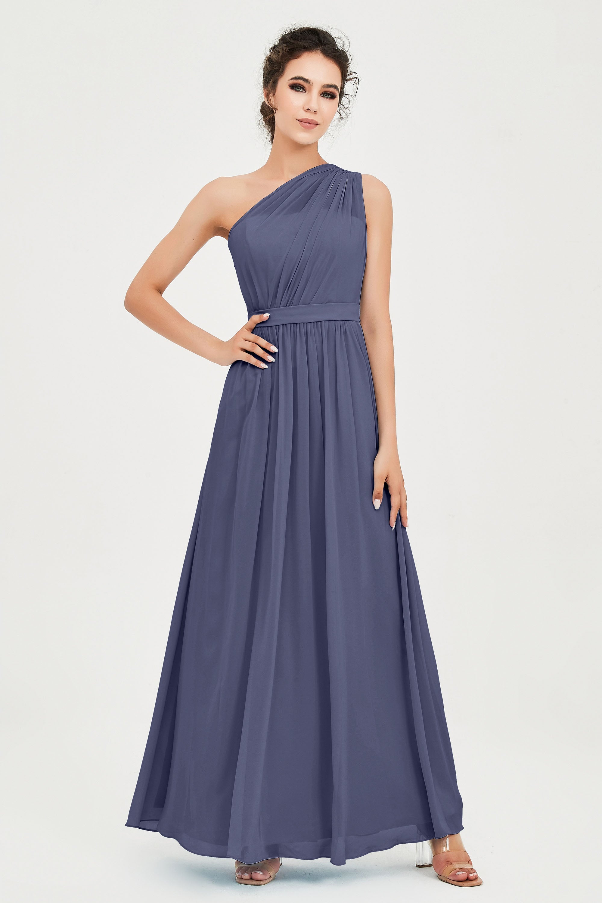 One Shoulder Chiffon Bridesmaid Dress Floor Length Ruched A Line Formal Evening Prom Gowns