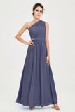 One Shoulder Chiffon Bridesmaid Dress Floor Length Ruched A Line Formal Evening Prom Gowns