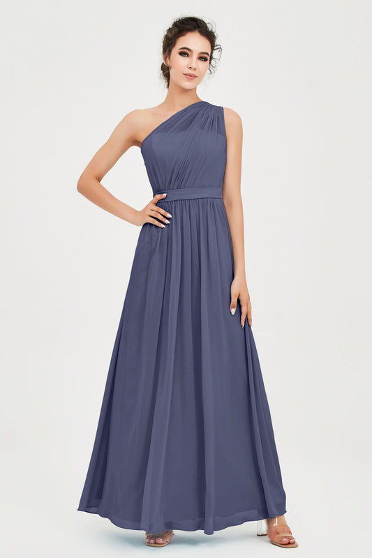 One Shoulder Chiffon Bridesmaid Dress Floor Length Ruched A Line Formal Evening Prom Gowns