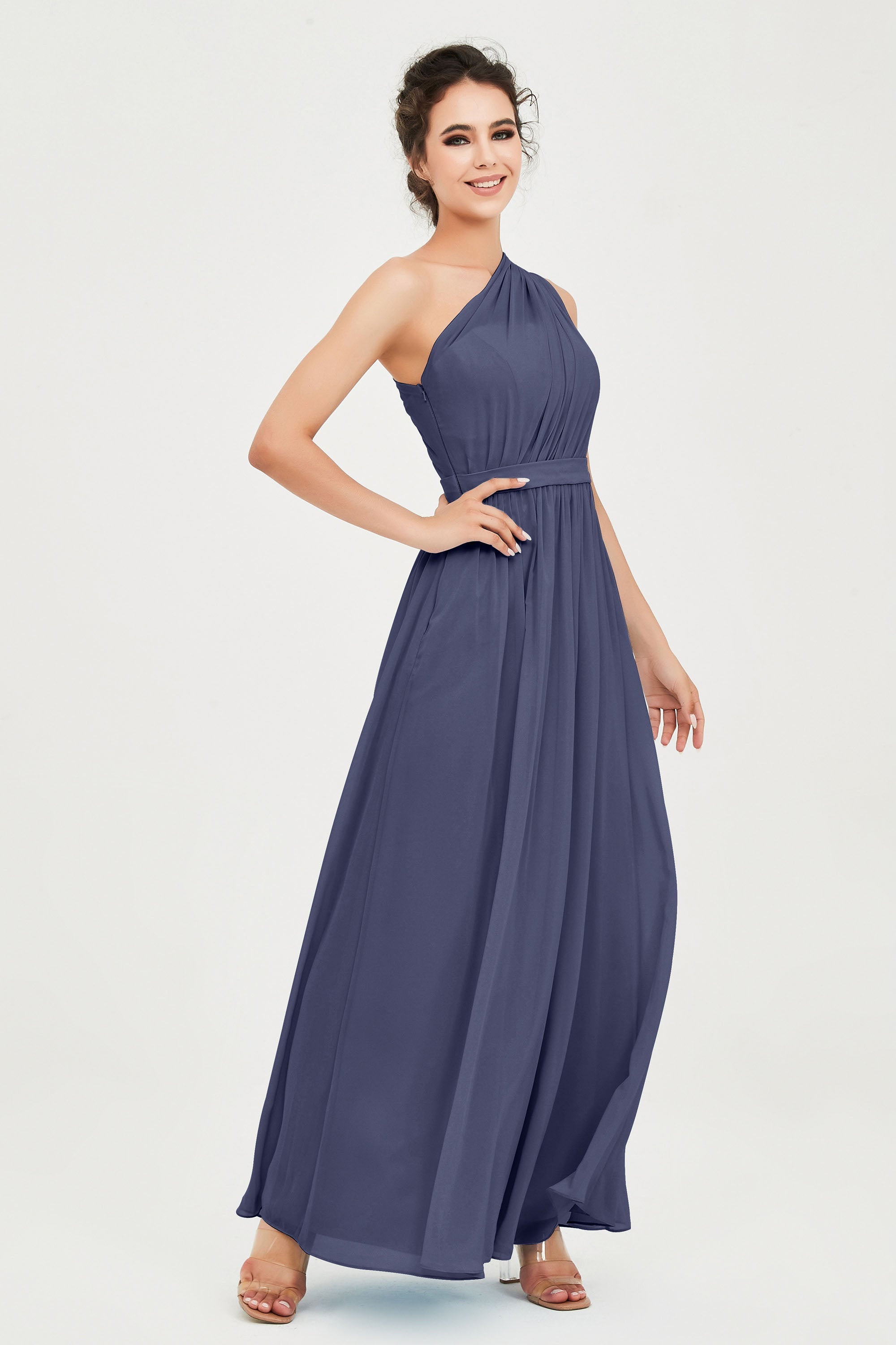 One Shoulder Chiffon Bridesmaid Dress Floor Length Ruched A Line Formal Evening Prom Gowns