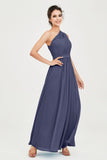One Shoulder Chiffon Bridesmaid Dress Floor Length Ruched A Line Formal Evening Prom Gowns