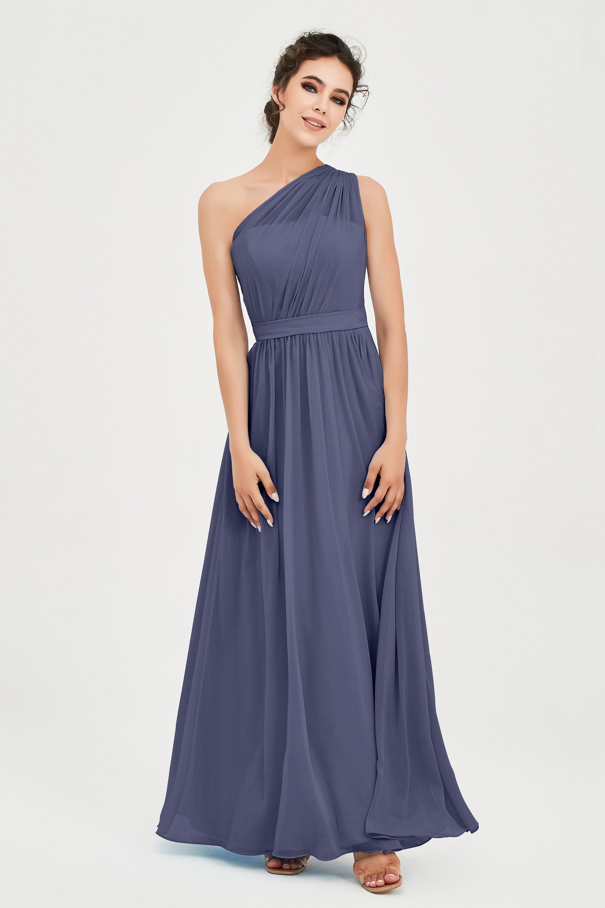 One Shoulder Chiffon Bridesmaid Dress Floor Length Ruched A Line Formal Evening Prom Gowns