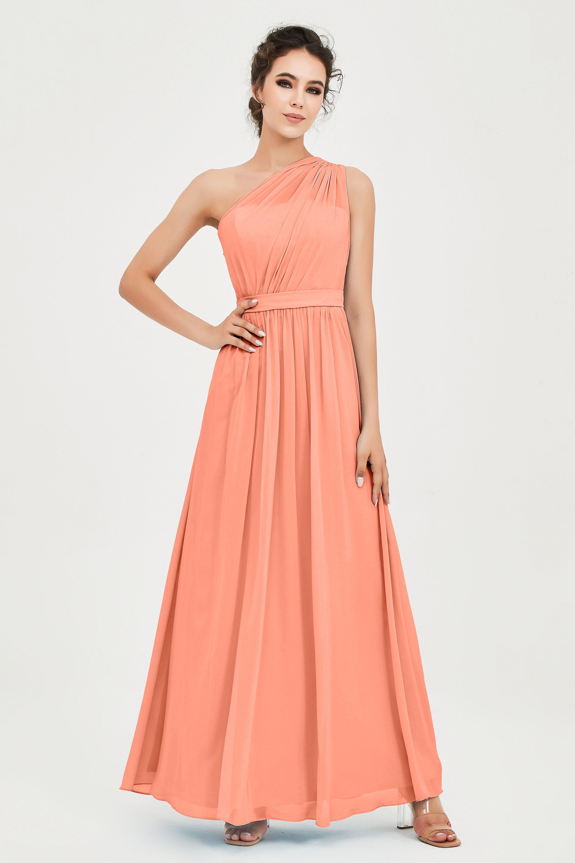 One Shoulder Chiffon Bridesmaid Dress Floor Length Ruched A Line Formal Evening Prom Gowns