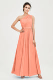 One Shoulder Chiffon Bridesmaid Dress Floor Length Ruched A Line Formal Evening Prom Gowns