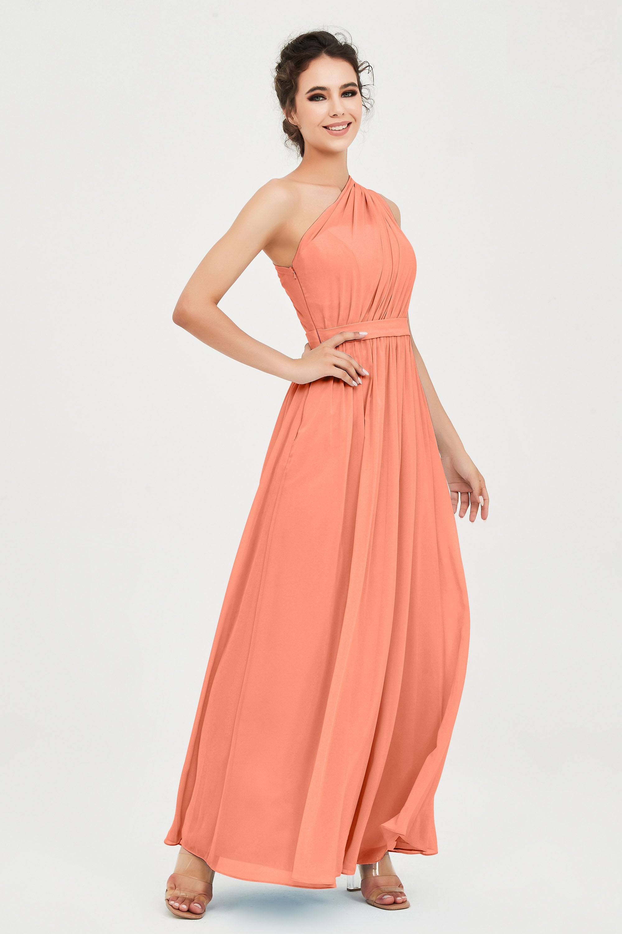 One Shoulder Chiffon Bridesmaid Dress Floor Length Ruched A Line Formal Evening Prom Gowns