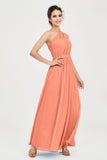 One Shoulder Chiffon Bridesmaid Dress Floor Length Ruched A Line Formal Evening Prom Gowns