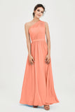One Shoulder Chiffon Bridesmaid Dress Floor Length Ruched A Line Formal Evening Prom Gowns