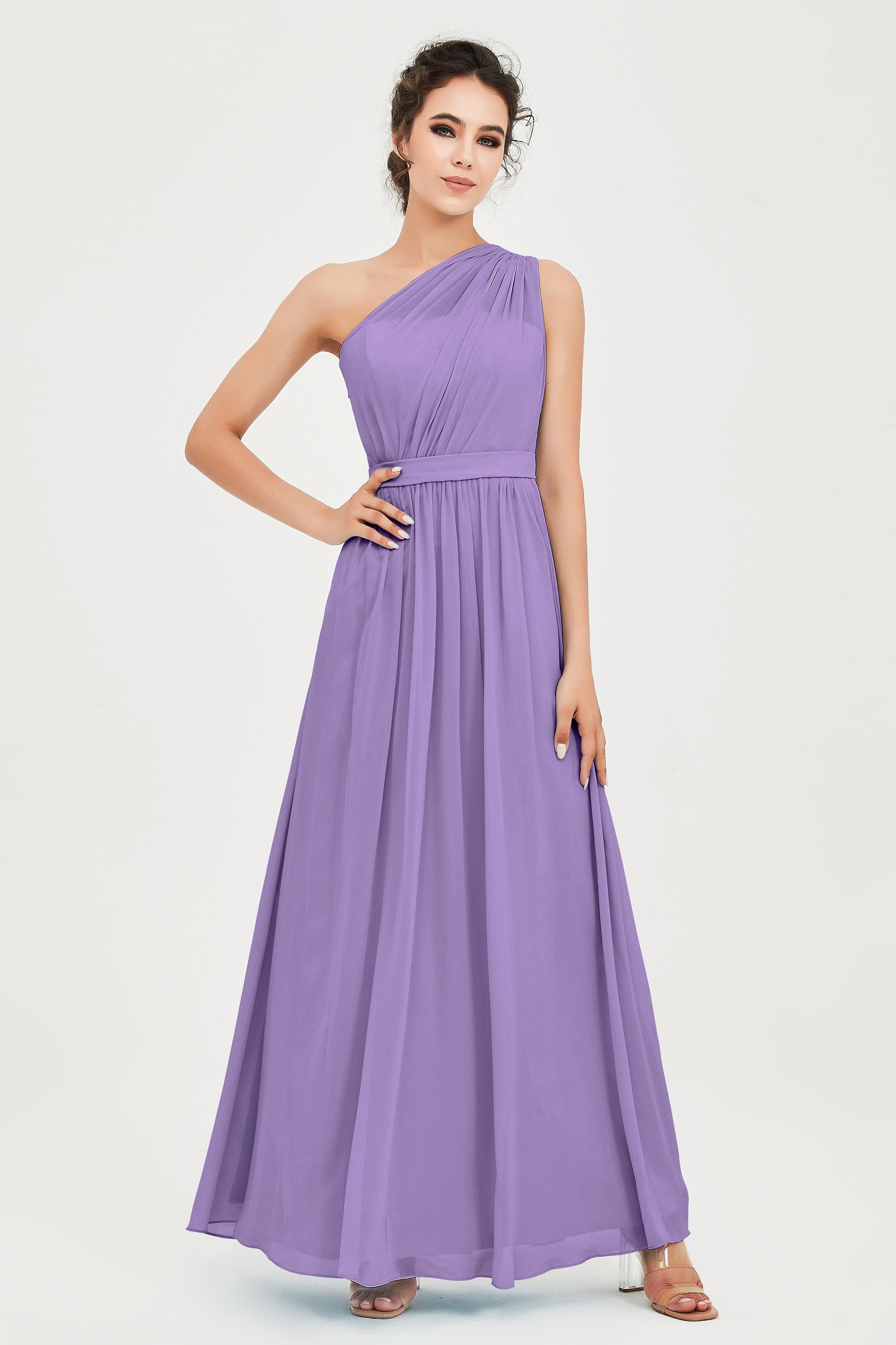 One Shoulder Chiffon Bridesmaid Dress Floor Length Ruched A Line Formal Evening Prom Gowns