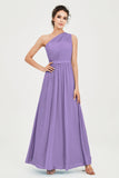 One Shoulder Chiffon Bridesmaid Dress Floor Length Ruched A Line Formal Evening Prom Gowns