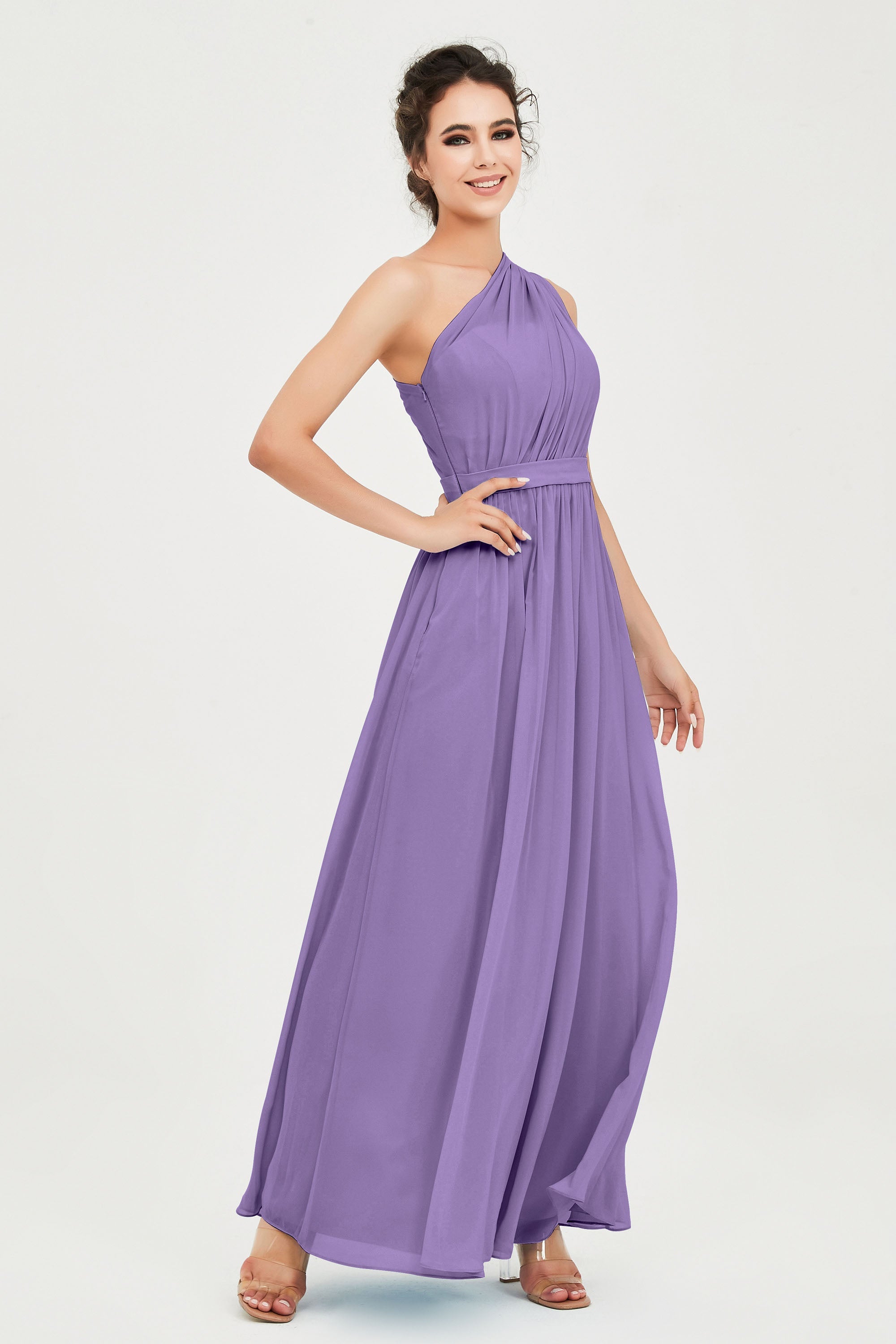 One Shoulder Chiffon Bridesmaid Dress Floor Length Ruched A Line Formal Evening Prom Gowns
