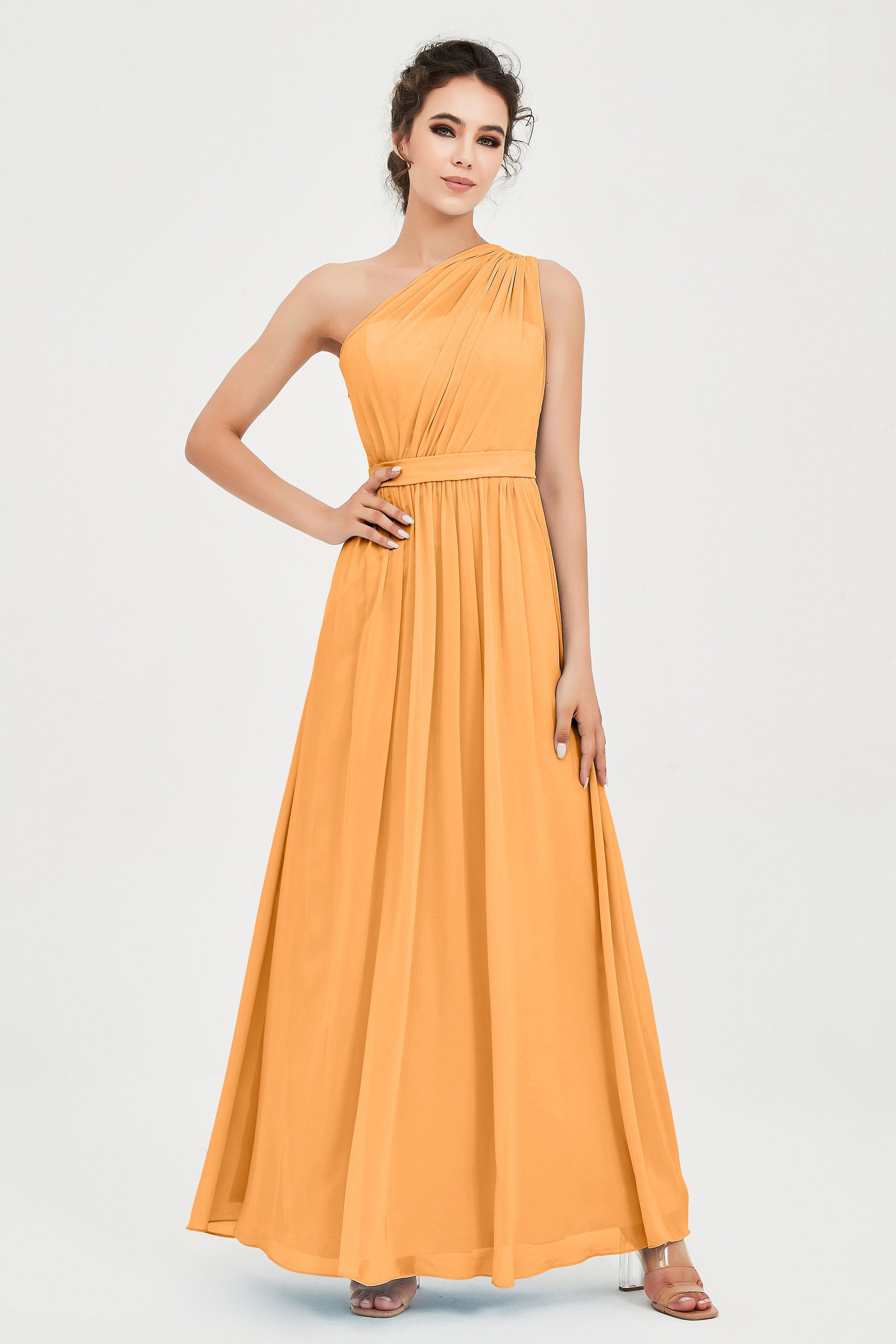 One Shoulder Chiffon Bridesmaid Dress Floor Length Ruched A Line Formal Evening Prom Gowns