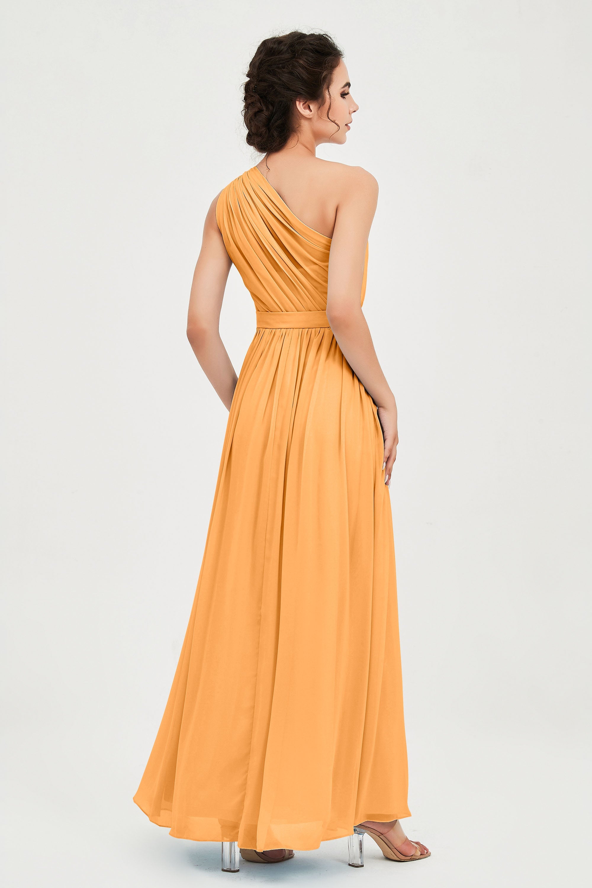 One Shoulder Chiffon Bridesmaid Dress Floor Length Ruched A Line Formal Evening Prom Gowns