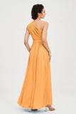 One Shoulder Chiffon Bridesmaid Dress Floor Length Ruched A Line Formal Evening Prom Gowns