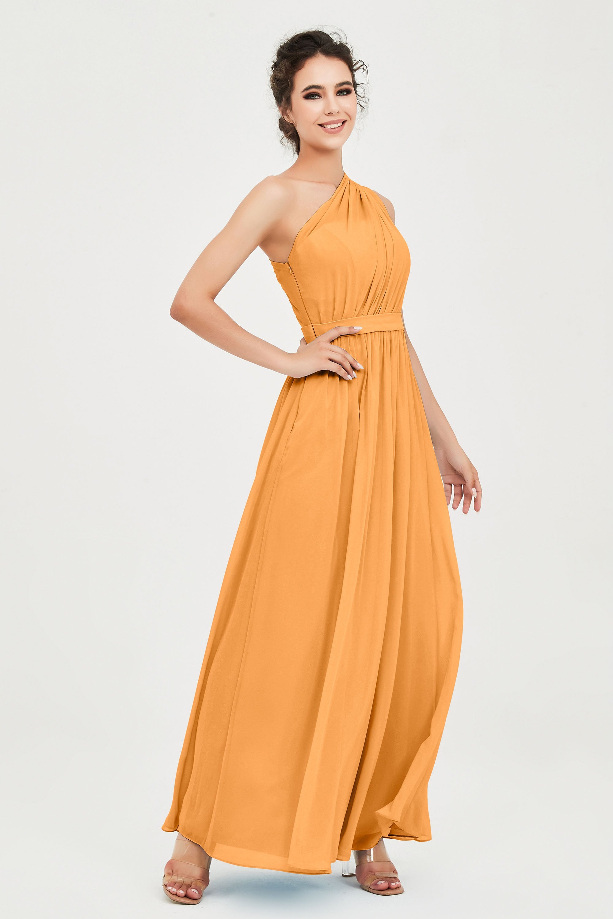 One Shoulder Chiffon Bridesmaid Dress Floor Length Ruched A Line Formal Evening Prom Gowns