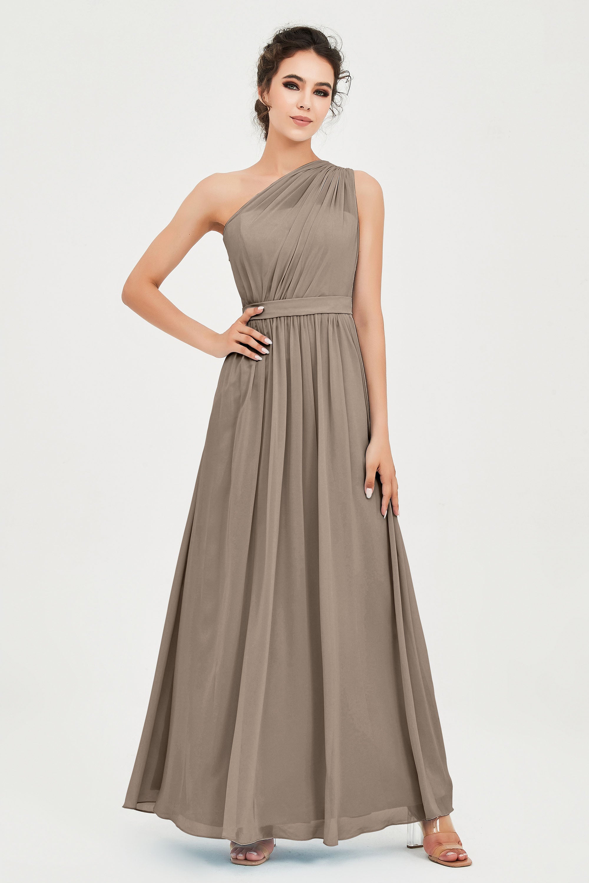 One Shoulder Chiffon Bridesmaid Dress Floor Length Ruched A Line Formal Evening Prom Gowns
