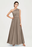 One Shoulder Chiffon Bridesmaid Dress Floor Length Ruched A Line Formal Evening Prom Gowns