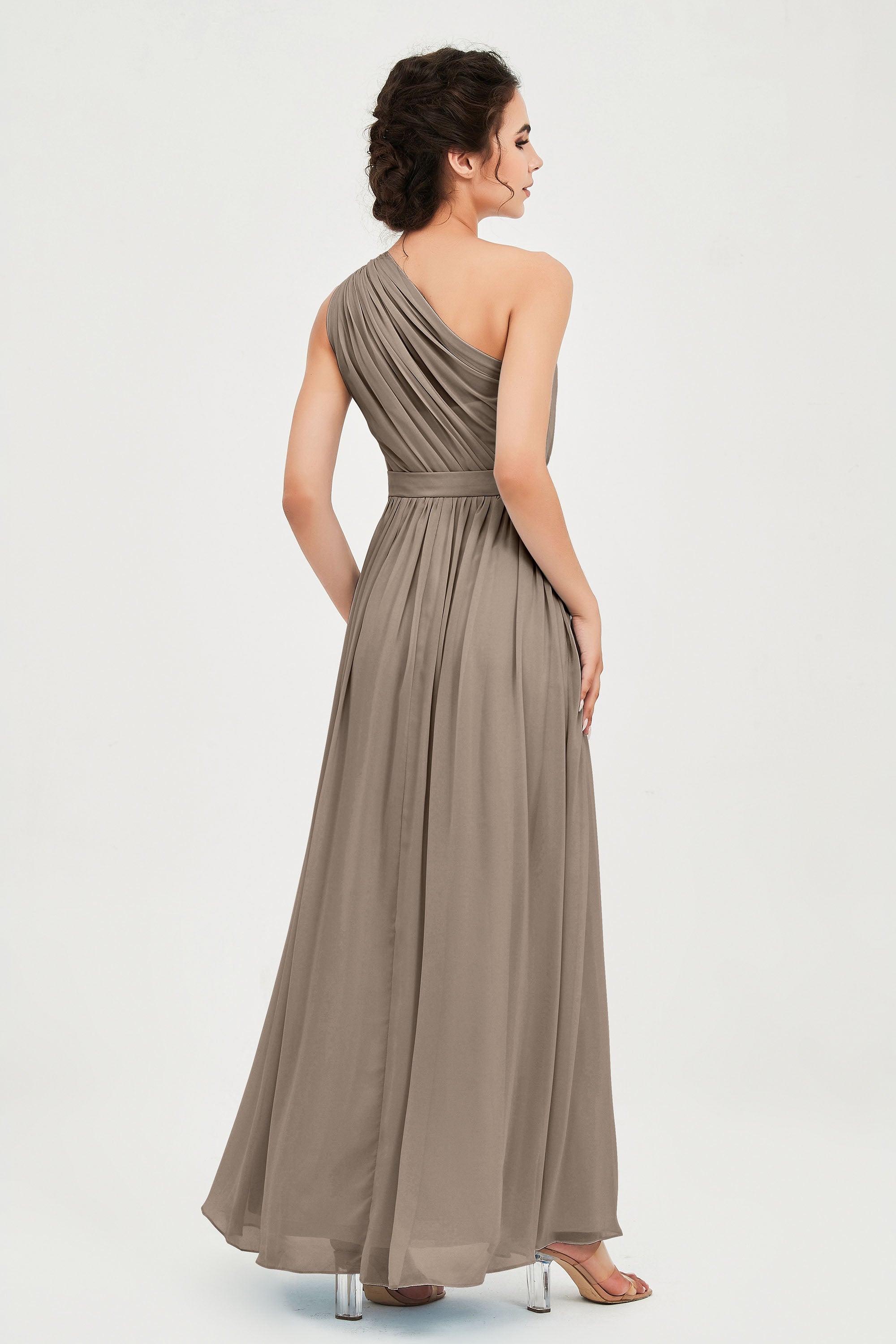 One Shoulder Chiffon Bridesmaid Dress Floor Length Ruched A Line Formal Evening Prom Gowns