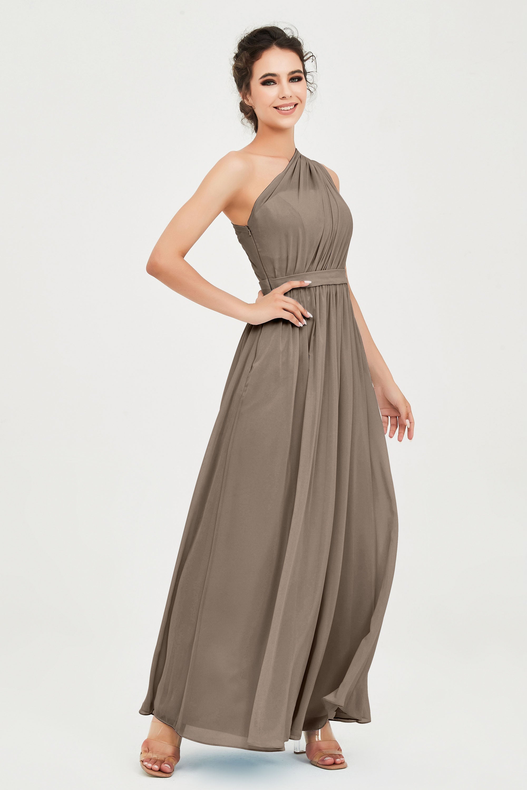 One Shoulder Chiffon Bridesmaid Dress Floor Length Ruched A Line Formal Evening Prom Gowns