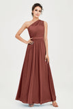 One Shoulder Chiffon Bridesmaid Dress Floor Length Ruched A Line Formal Evening Prom Gowns