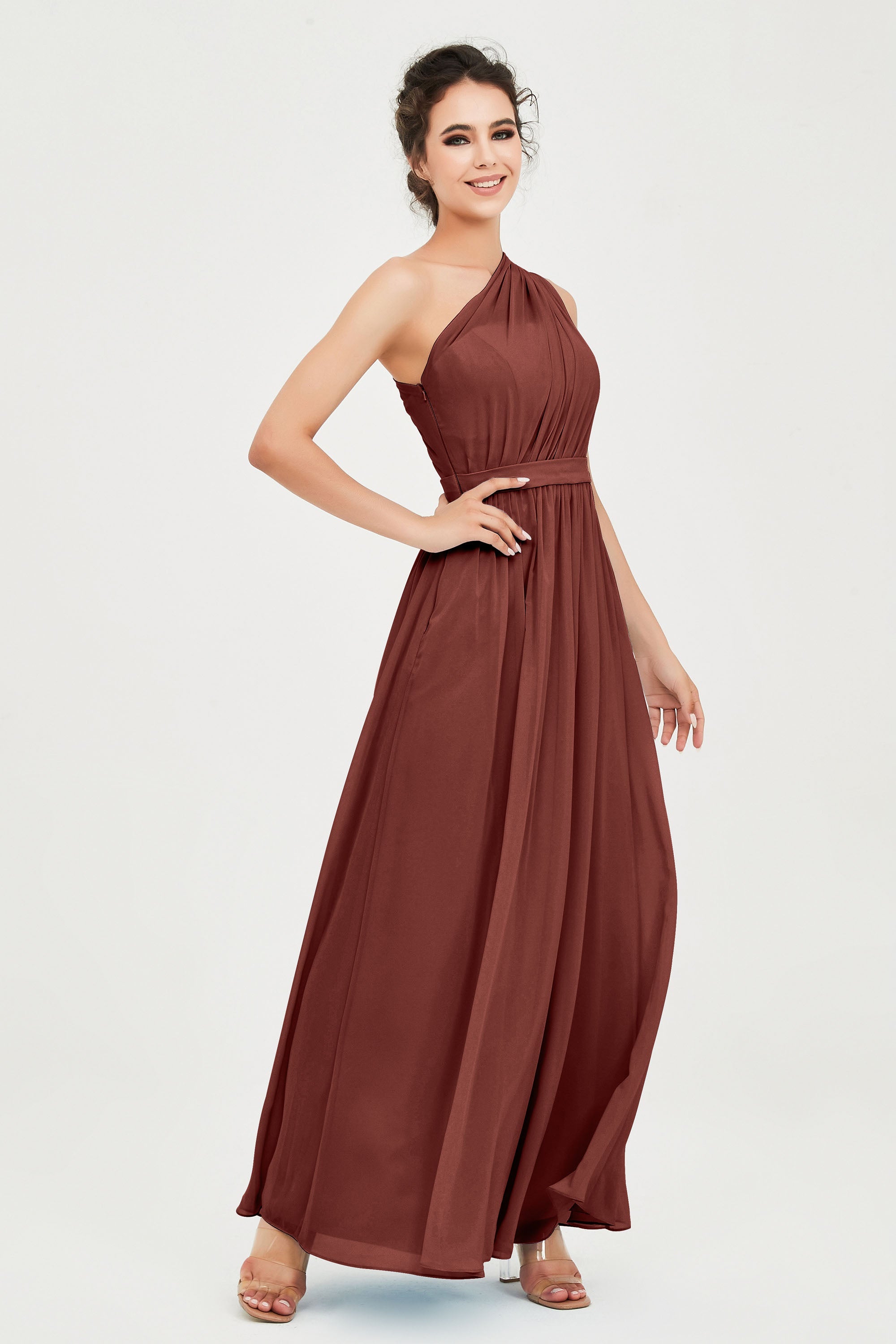 One Shoulder Chiffon Bridesmaid Dress Floor Length Ruched A Line Formal Evening Prom Gowns