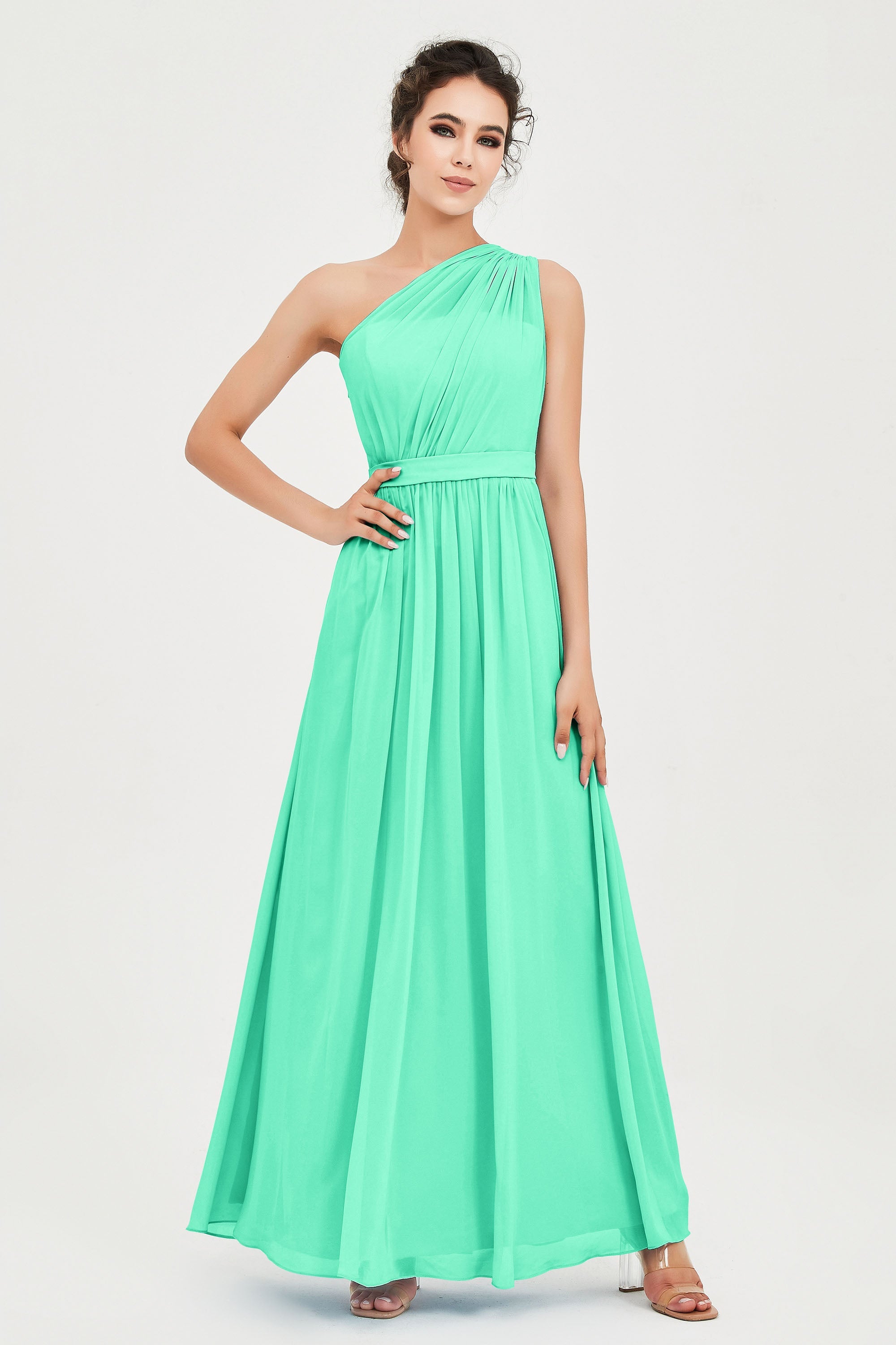 One Shoulder Chiffon Bridesmaid Dress Floor Length Ruched A Line Formal Evening Prom Gowns