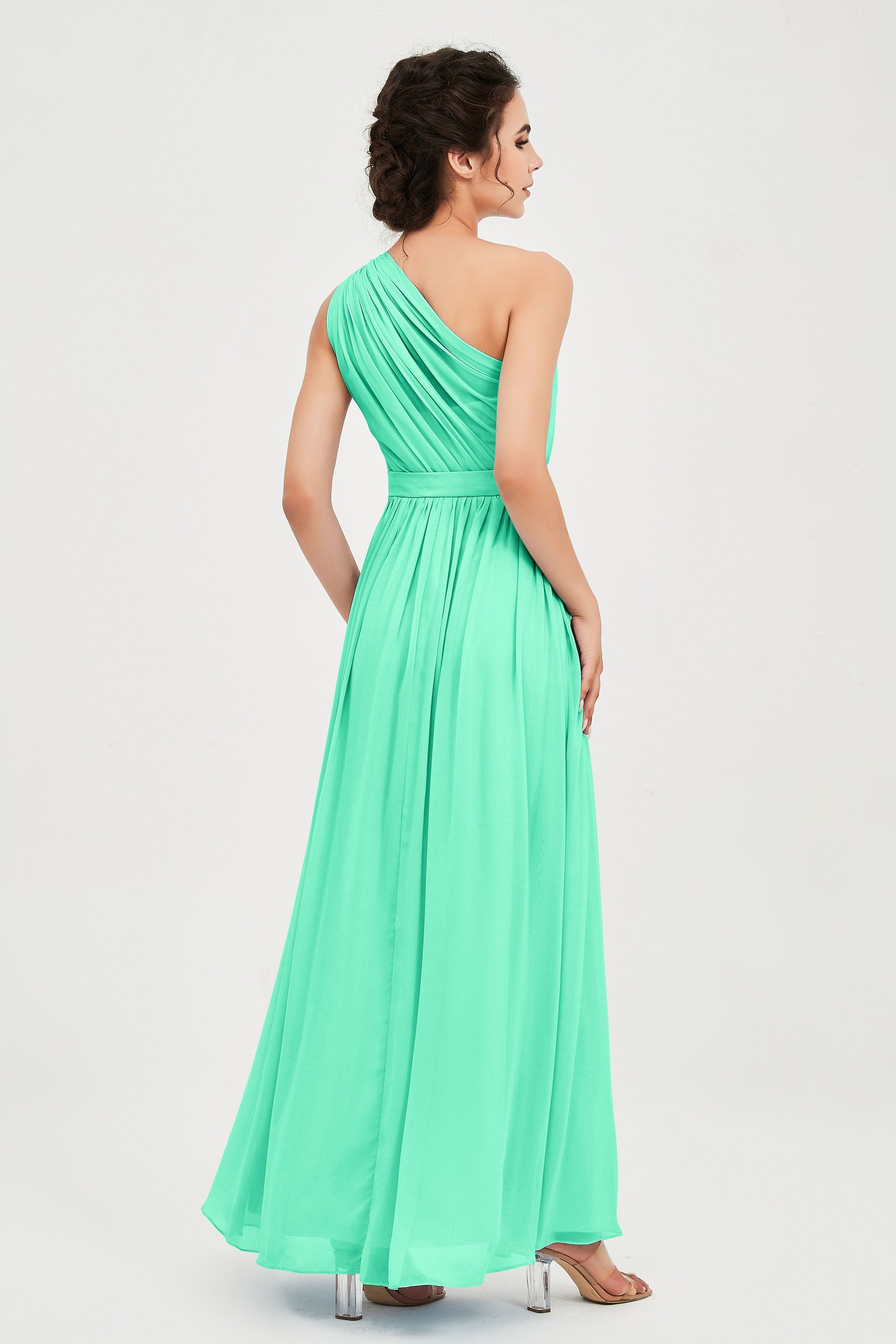One Shoulder Chiffon Bridesmaid Dress Floor Length Ruched A Line Formal Evening Prom Gowns