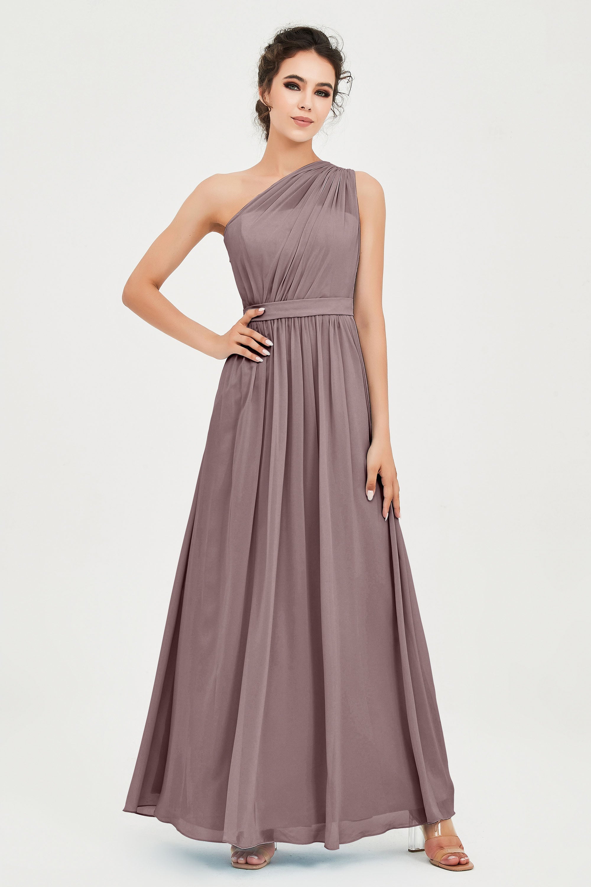 One Shoulder Chiffon Bridesmaid Dress Floor Length Ruched A Line Formal Evening Prom Gowns