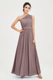 One Shoulder Chiffon Bridesmaid Dress Floor Length Ruched A Line Formal Evening Prom Gowns