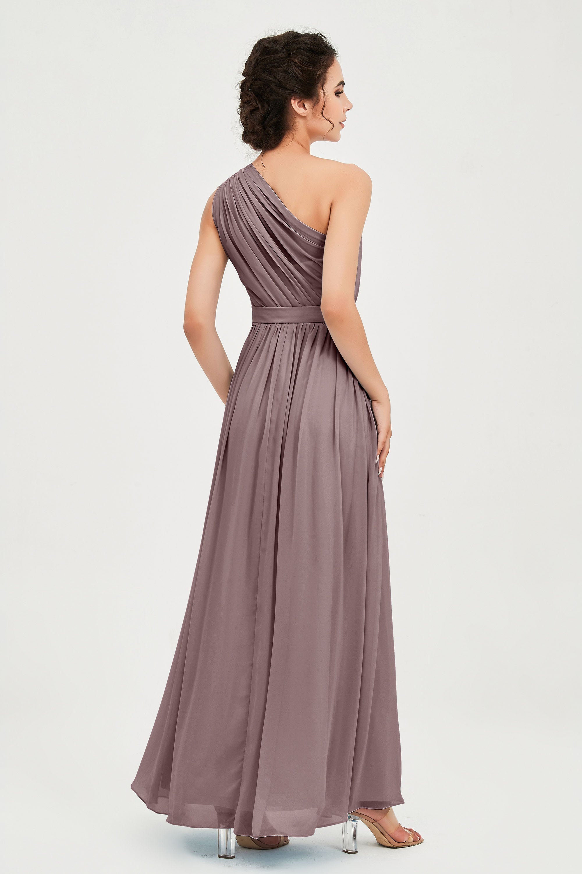 One Shoulder Chiffon Bridesmaid Dress Floor Length Ruched A Line Formal Evening Prom Gowns
