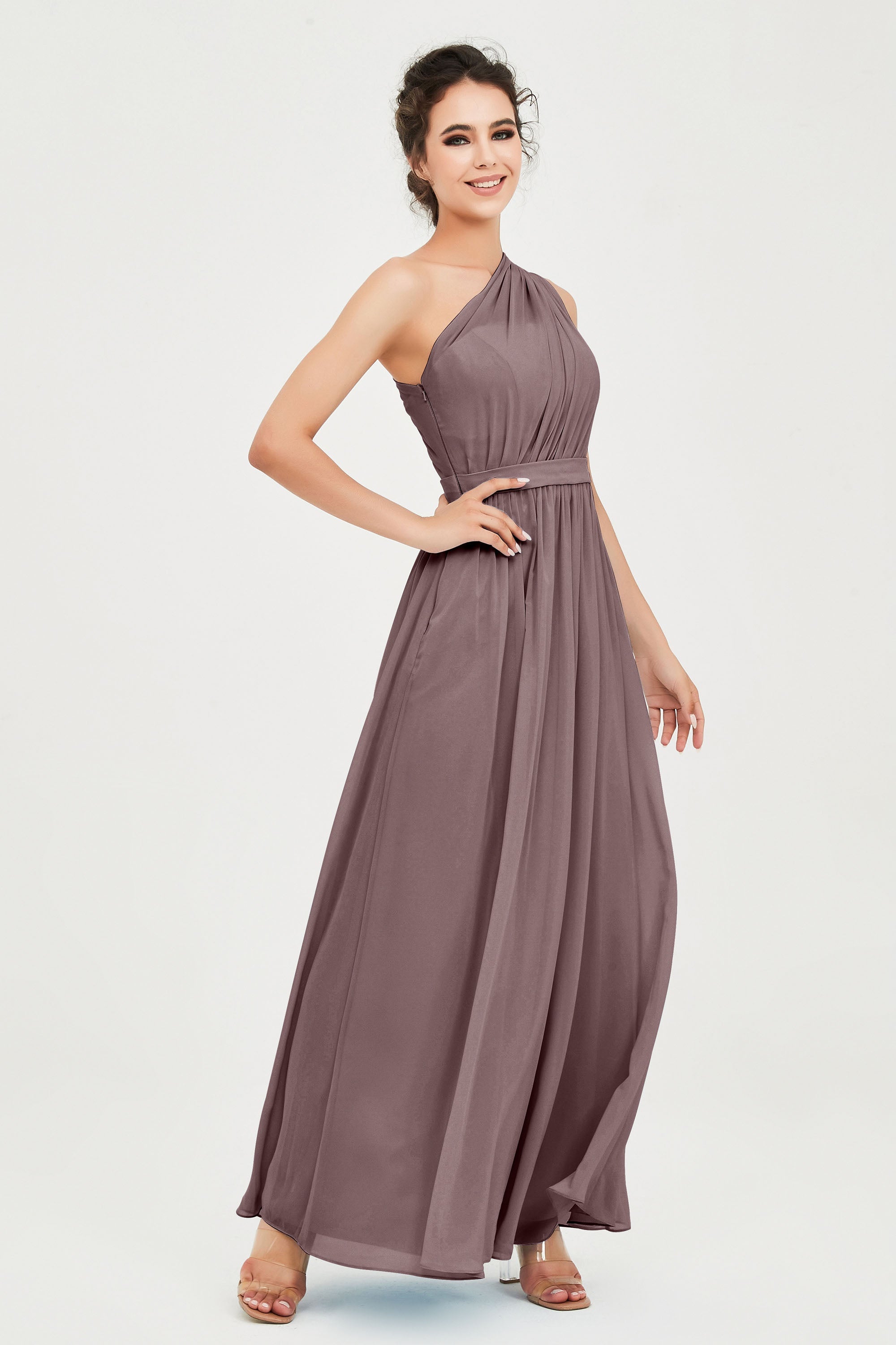 One Shoulder Chiffon Bridesmaid Dress Floor Length Ruched A Line Formal Evening Prom Gowns
