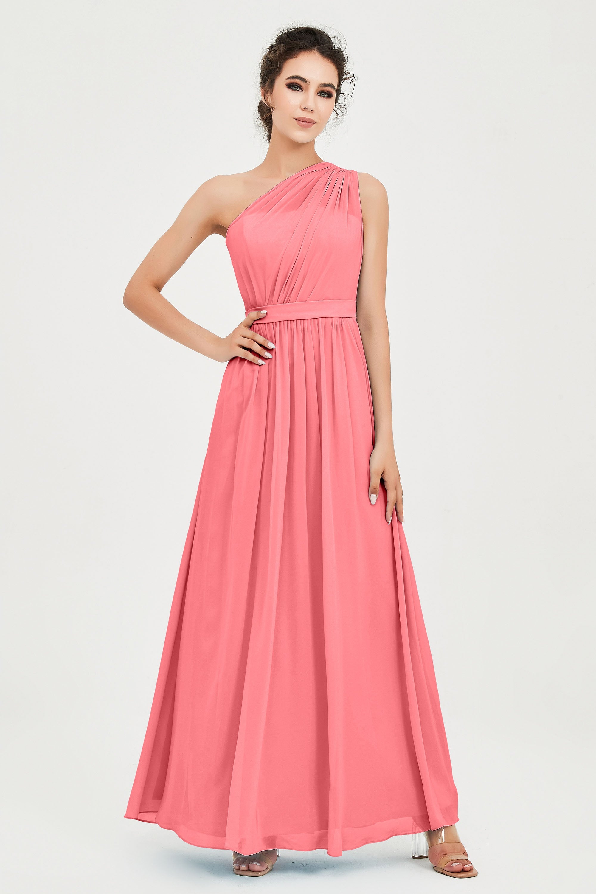 One Shoulder Chiffon Bridesmaid Dress Floor Length Ruched A Line Formal Evening Prom Gowns