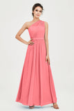 One Shoulder Chiffon Bridesmaid Dress Floor Length Ruched A Line Formal Evening Prom Gowns