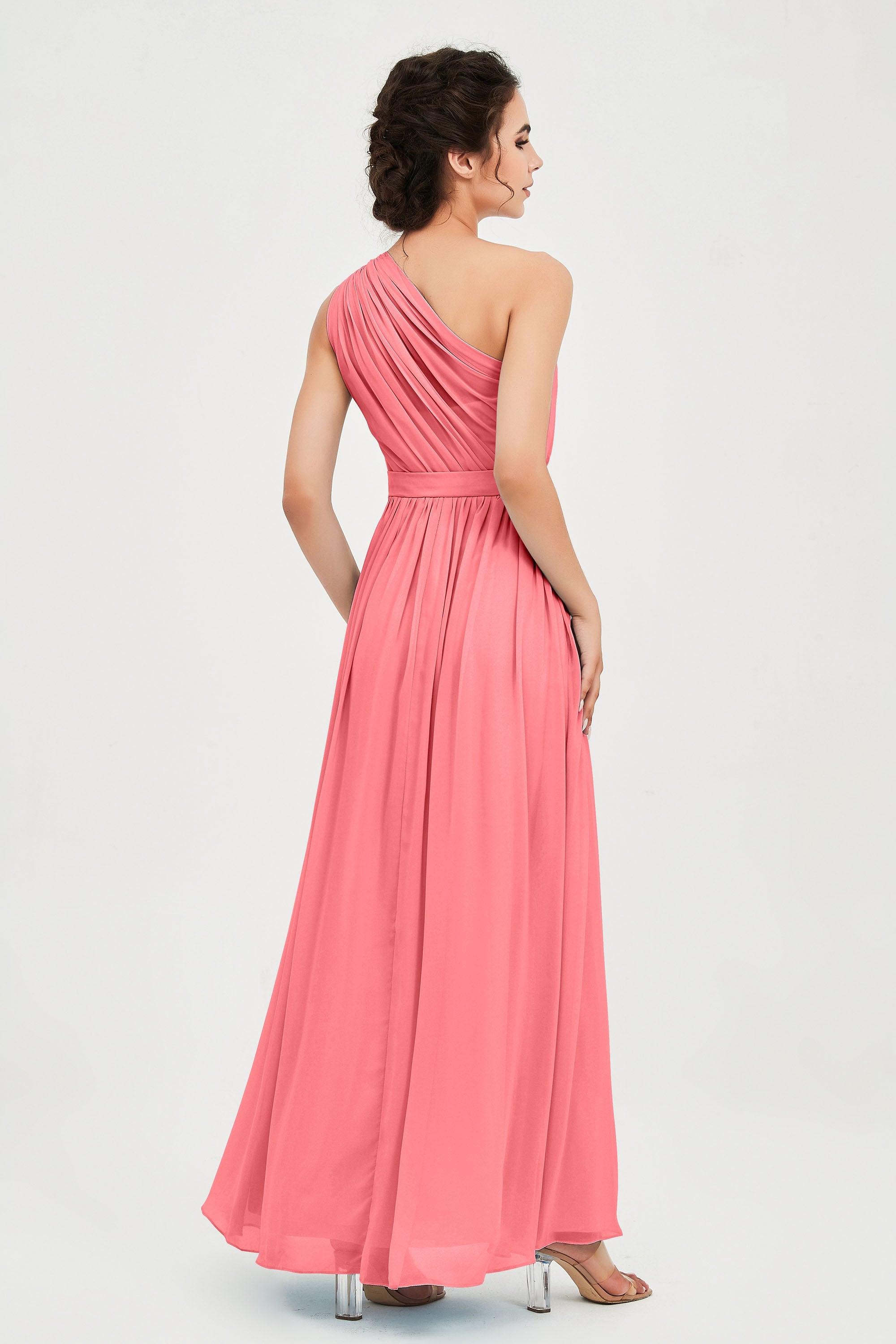 One Shoulder Chiffon Bridesmaid Dress Floor Length Ruched A Line Formal Evening Prom Gowns