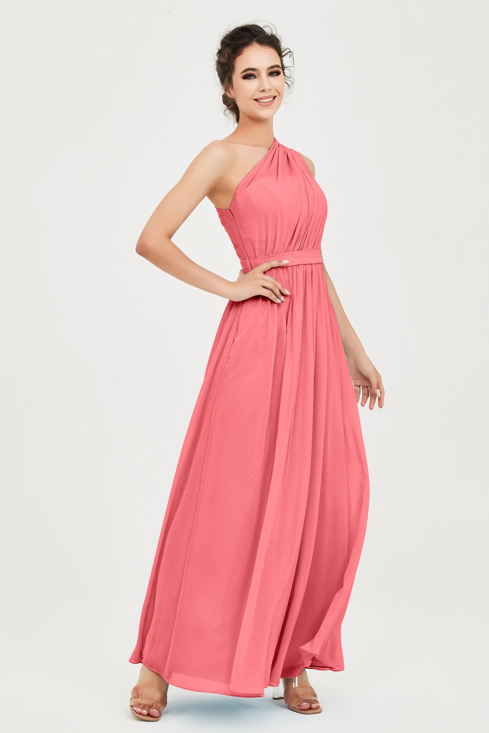 One Shoulder Chiffon Bridesmaid Dress Floor Length Ruched A Line Formal Evening Prom Gowns