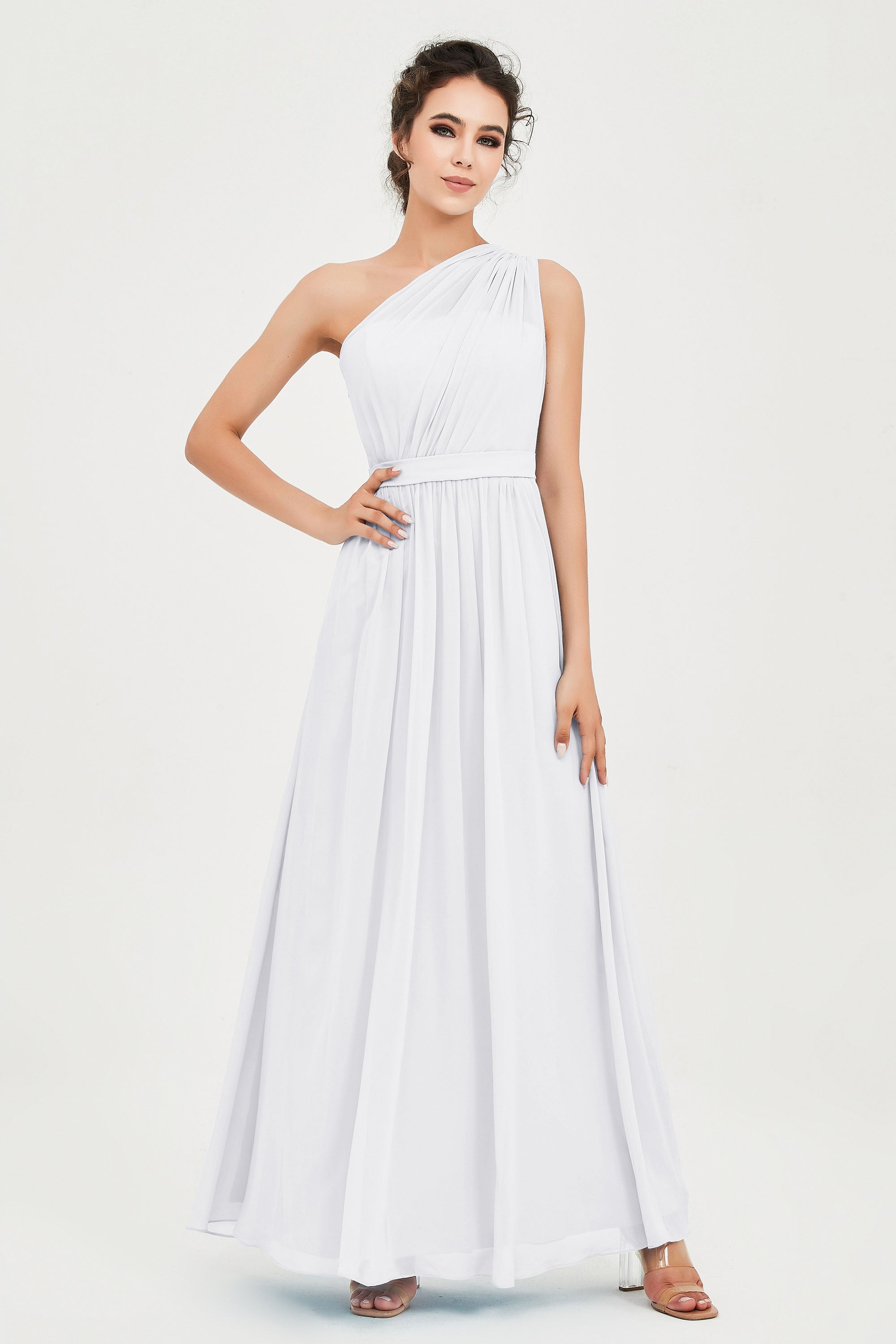 One Shoulder Chiffon Bridesmaid Dress Floor Length Ruched A Line Formal Evening Prom Gowns