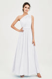 One Shoulder Chiffon Bridesmaid Dress Floor Length Ruched A Line Formal Evening Prom Gowns