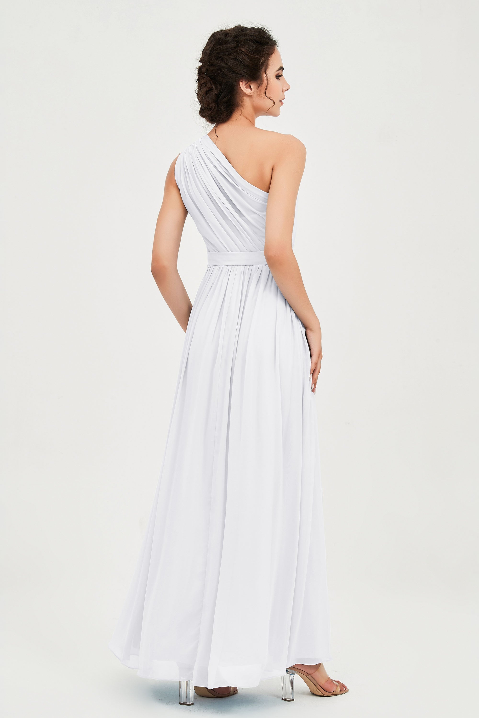 One Shoulder Chiffon Bridesmaid Dress Floor Length Ruched A Line Formal Evening Prom Gowns